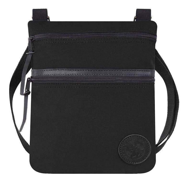 black canvas and leather crossbody bag