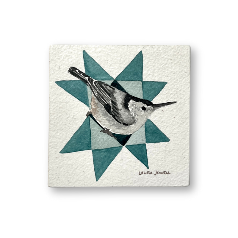 Turquoise Star Nuthatch | Watercolor on Paper Cradled Woodblock