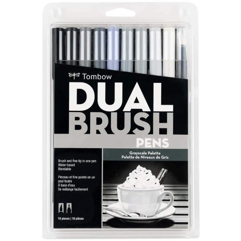 10pc Dual Brush Pens - Grayscale Palette