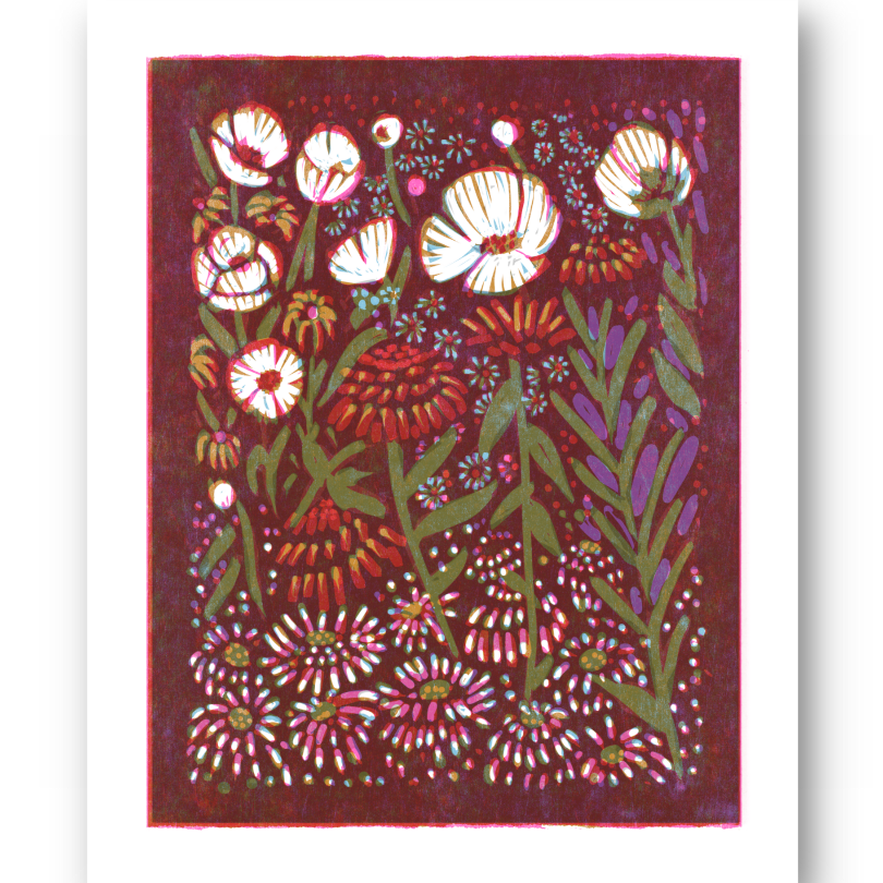 Zinnias & Anemones | Woodblock Print