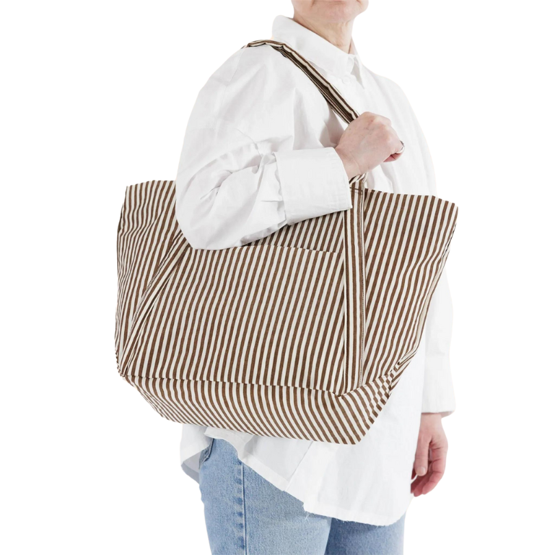 Zip Top Tote Bag - Brown Stripe