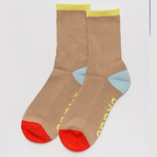 Colorblock Ribbed Sock - Beige, S/M