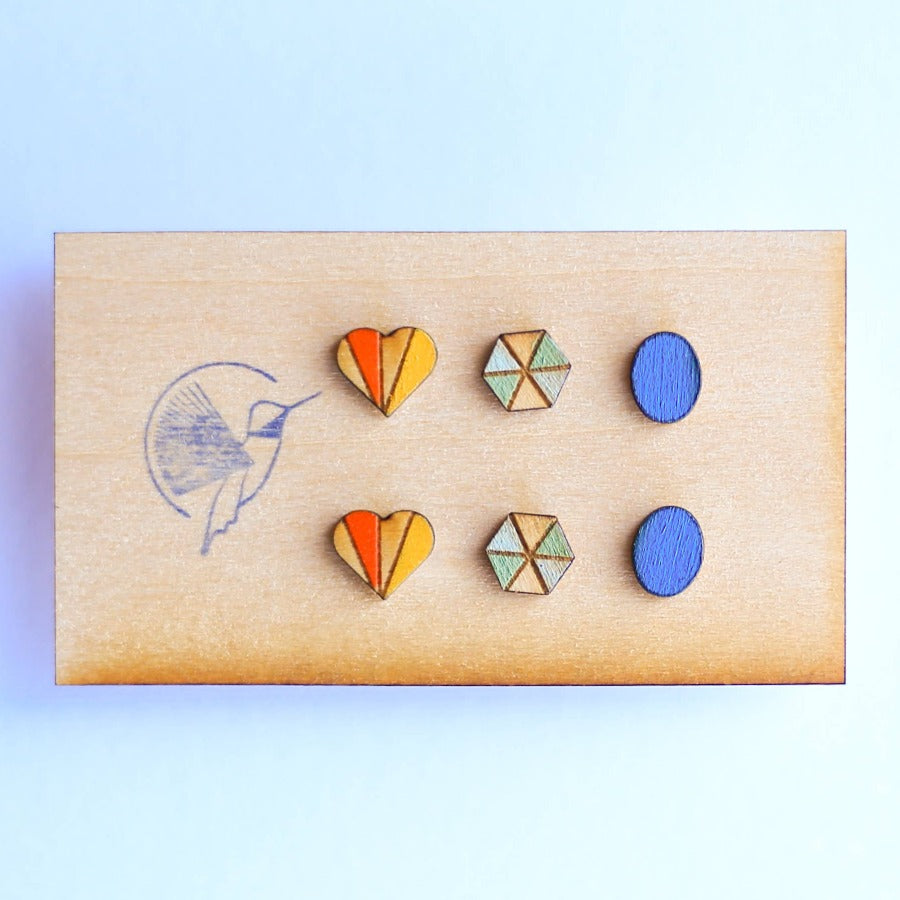 Wood Studs Earrings |  Set of 3