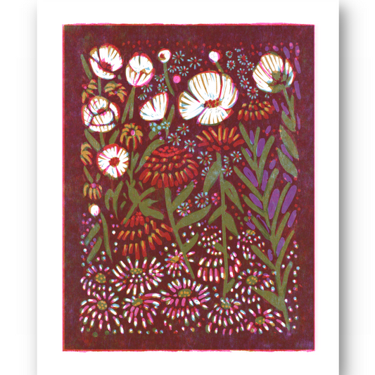Zinnias & Anemones | Woodblock Print
